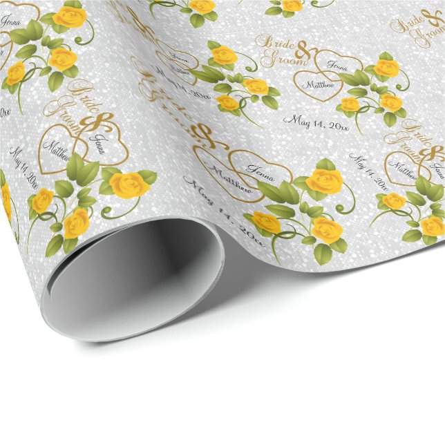 Papel De Regalo Elegante boda con rosas amarillas y oro (Esquina del rollo)