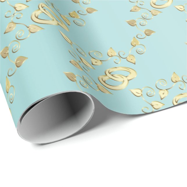 Papel De Regalo Elegante Boda de oro anexa con azul claro (Esquina del rollo)