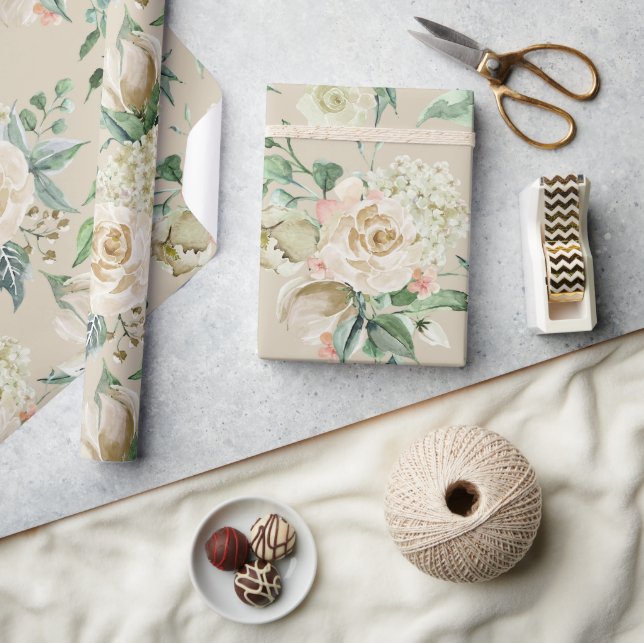 Papel De Regalo Elegante Boda Floral Botánica Champán Crema (Artesanía)