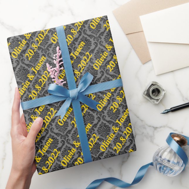 Papel De Regalo Elegante Boda personalizado de Damasco de Oro Negr (Regalar)
