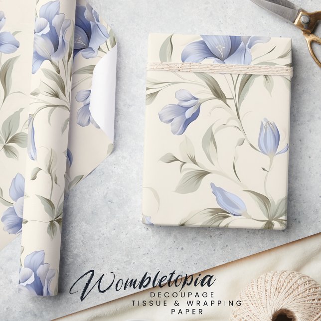 Papel De Regalo Elegante Bonito Floral azul sobre fondo crema (Subido por el creador)