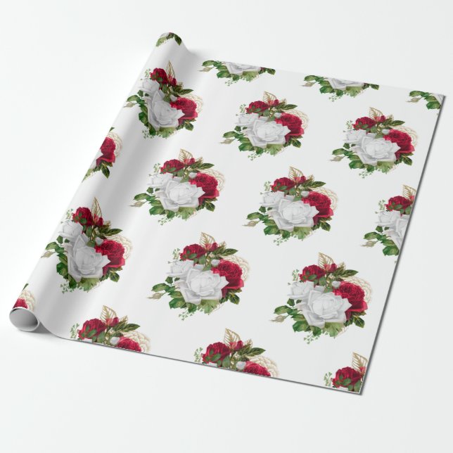 Papel De Regalo Elegante Bouquet de Rosas Blancas Rojas (Desenrollado)