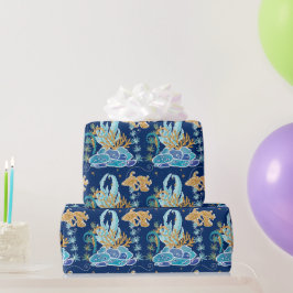 Papel De Regalo Elegante brillo dorado azul bajo el mar