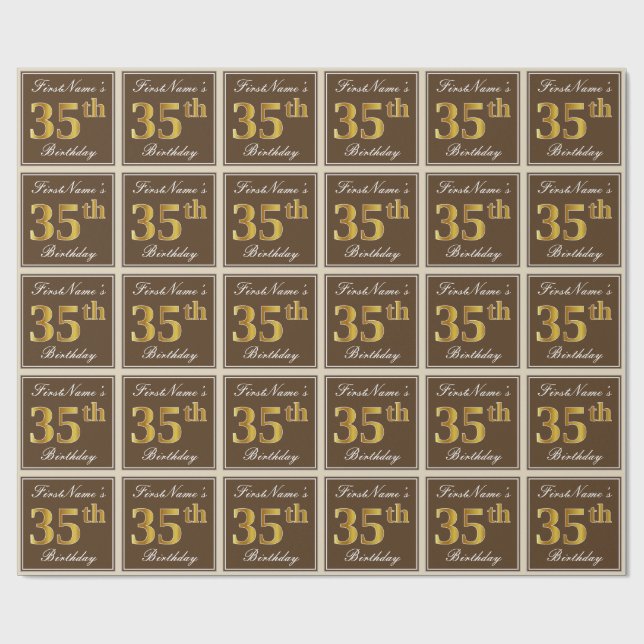 Papel De Regalo Elegante, Brown, Faux Gold 35 cumpleaños + nombre (Superficie plana)
