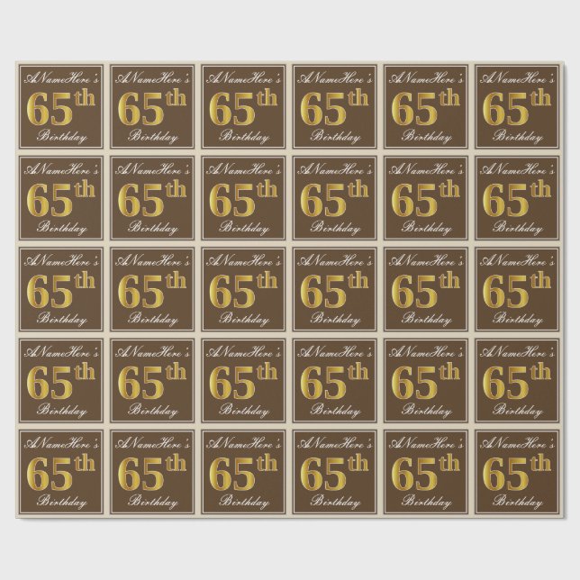 Papel De Regalo Elegante, Brown, Faux Gold 65th Birthday + Nombre (Superficie plana)
