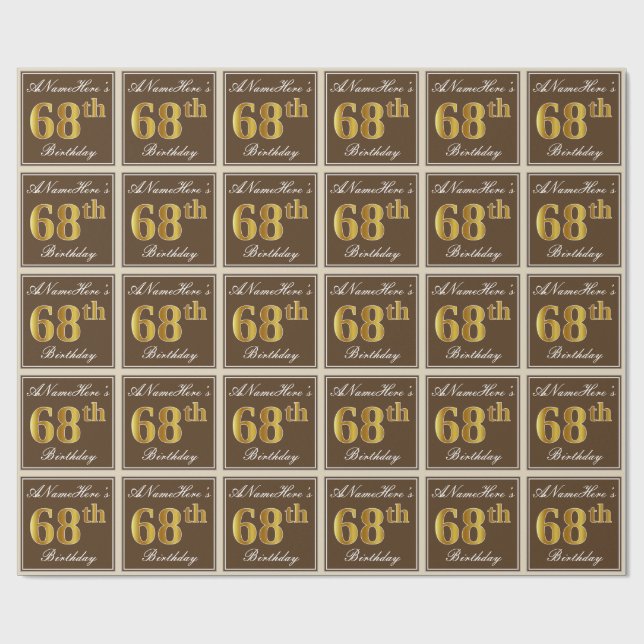 Papel De Regalo Elegante, Brown, Faux Gold 68th Birthday + Nombre (Superficie plana)