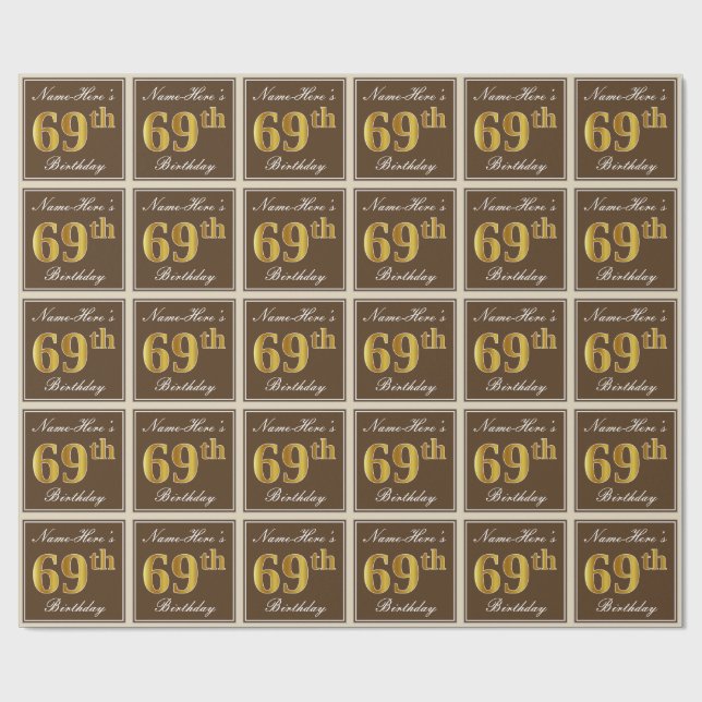 Papel De Regalo Elegante, Brown, Faux Gold 69th Birthday + Nombre (Superficie plana)