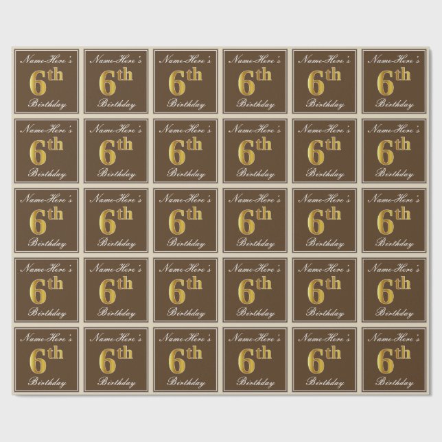 Papel De Regalo Elegante, Brown, Faux Gold 6Cumpleaños + Nombre (Superficie plana)