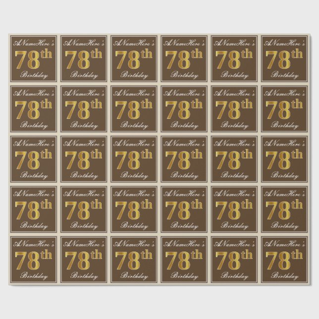 Papel De Regalo Elegante, Brown, Faux Gold 78th Birthday + Nombre (Superficie plana)