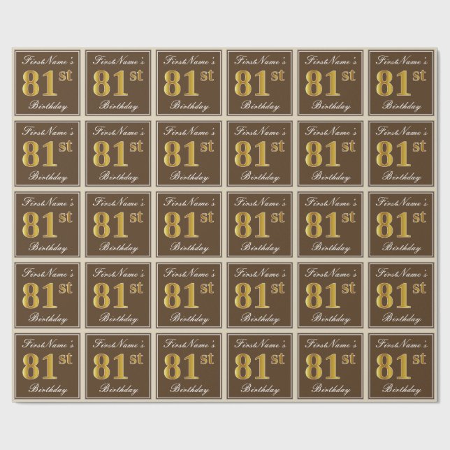 Papel De Regalo Elegante, Brown, Faux Gold 81st Birthday + Nombre (Superficie plana)