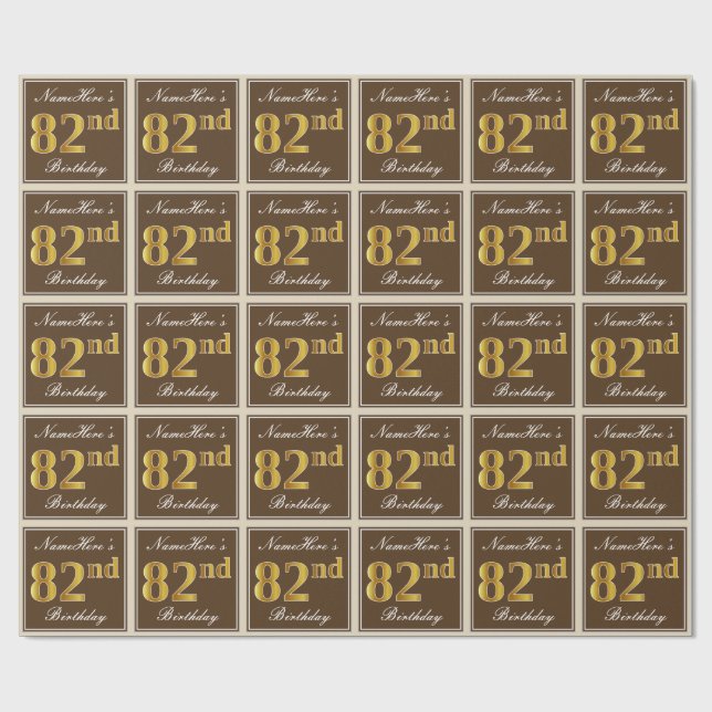 Papel De Regalo Elegante, Brown, Faux Gold 82nd Birthday + Nombre (Superficie plana)