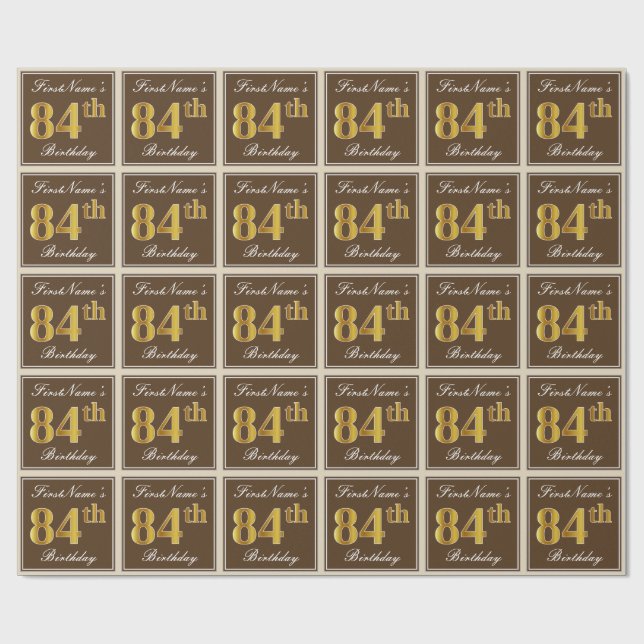 Papel De Regalo Elegante, Brown, Faux Gold 84th Birthday + Nombre (Superficie plana)