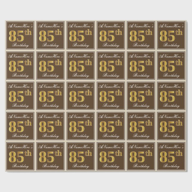 Papel De Regalo Elegante, Brown, Faux Gold 85th Birthday + Nombre (Superficie plana)