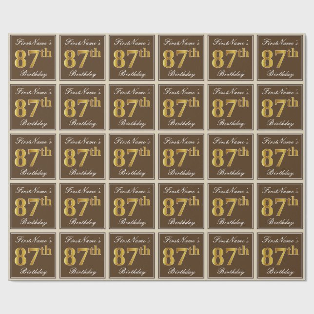 Papel De Regalo Elegante, Brown, Faux Gold 87th Birthday + Nombre (Superficie plana)