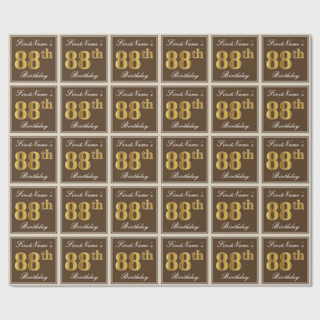 Papel De Regalo Elegante, Brown, Faux Gold 88th Birthday + Nombre (Superficie plana)