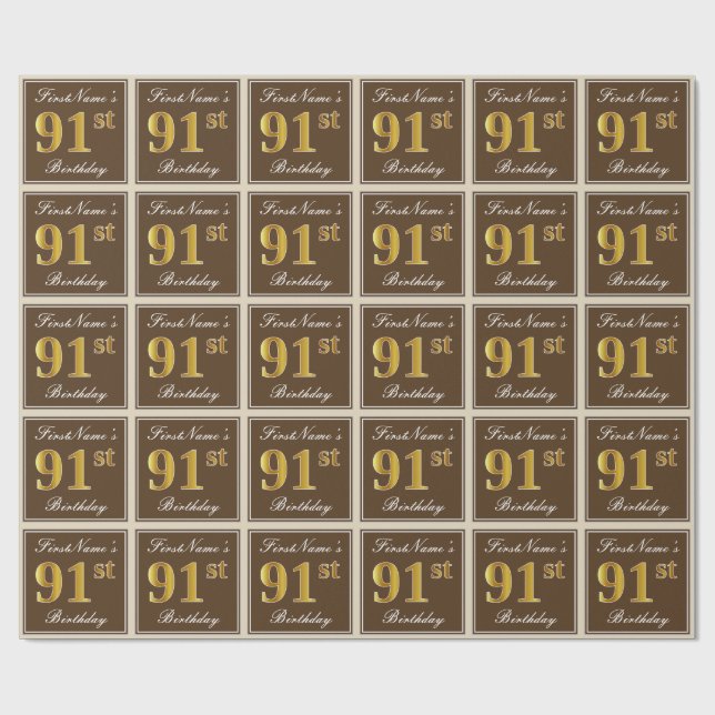 Papel De Regalo Elegante, Brown, Faux Gold 91st Birthday + Nombre (Superficie plana)