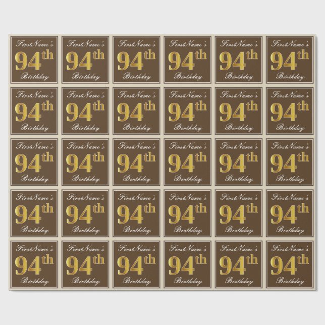 Papel De Regalo Elegante, Brown, Faux Gold 94th Birthday + Nombre (Superficie plana)