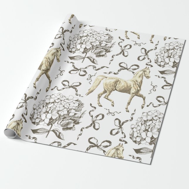 Papel De Regalo Elegante Caballo Hydrangea Bows Beis White Toile (Desenrollado)