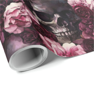 Papel De Regalo Elegante Calavera de Rosa en Acuarela de Halloween