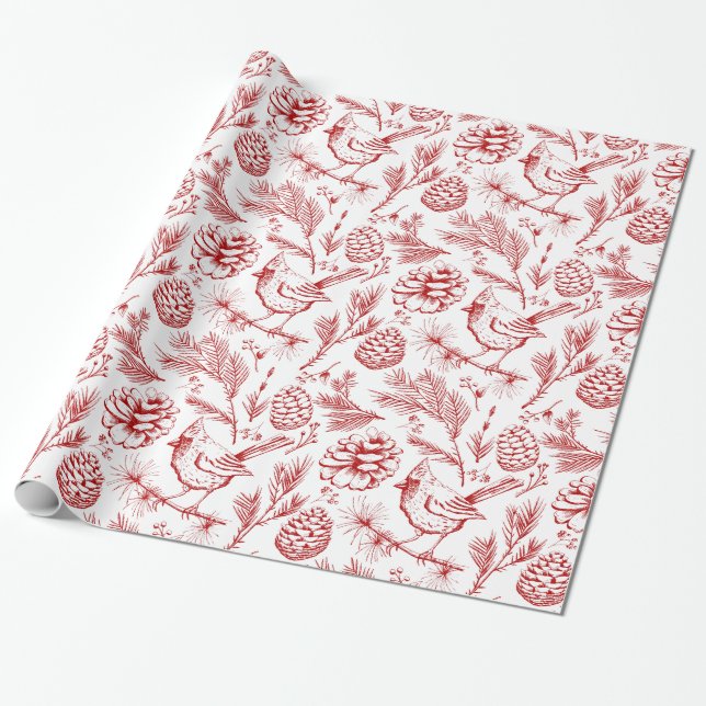 Papel De Regalo Elegante cardenal rojo pájaro, pino y berries (Desenrollado)
