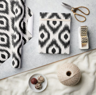 Papel De Regalo Elegante Chic Mod Negro Marfil Patrón Ikat Diamant