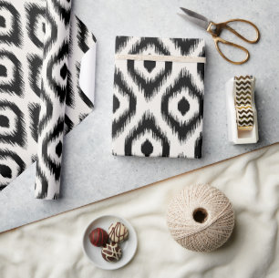 Papel De Regalo Elegante Chic Mod Negro Marfil Patrón Ikat Diamant