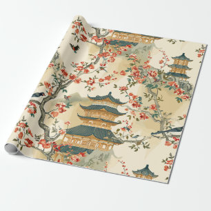 Papel De Regalo Elegante Chinoiserie - Pagodas, Flores y Aves
