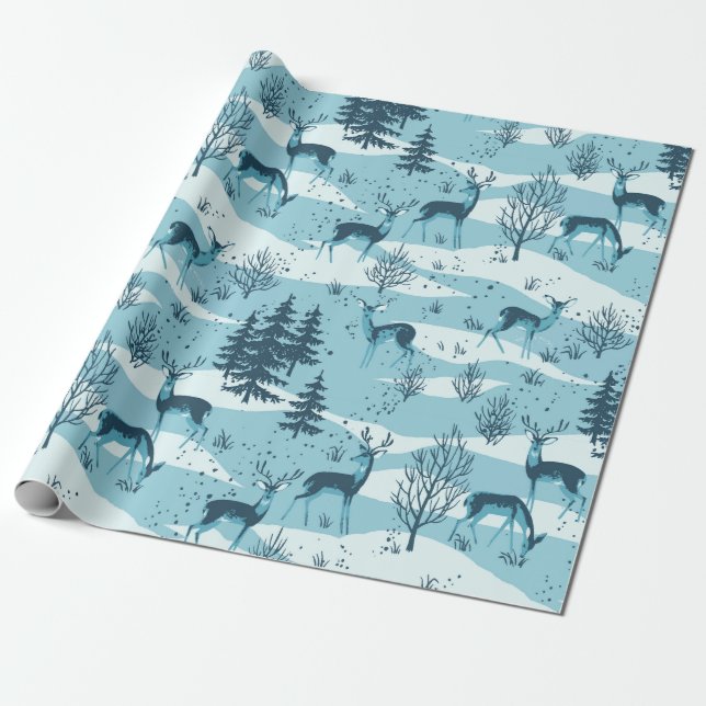 Papel De Regalo Elegante ciervo retro azul de madera (Desenrollado)