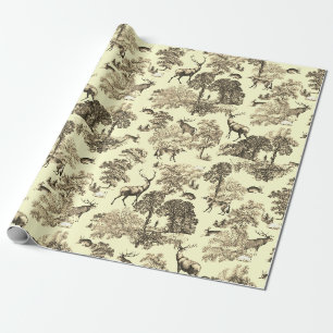 Papel De Regalo Elegante Ciervo Zorro Liebre Toile Campestre Crema