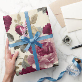 Papel De Regalo Elegante ciruela rosa marfil estampado floral