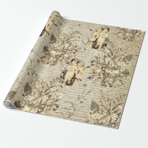Papel De Regalo Elegante color beige vintage con flores enángeles 