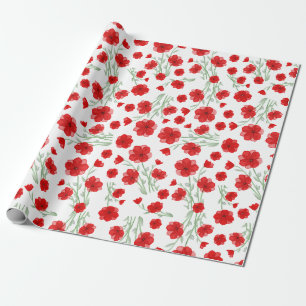 Papel De Regalo Elegante Color de Agua Rojo Poppy Patrón Floral