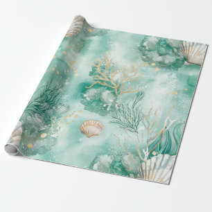 Papel De Regalo Elegante Coral de Oro y acuarela