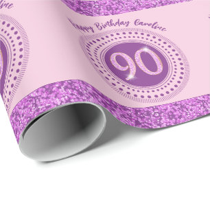 Papel De Regalo Elegante cumpleaños 90 rosa con brillo y rayas