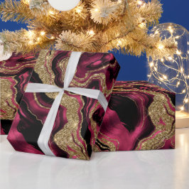 Papel De Regalo Elegante Cumpleaños de Ágata con Brillo Rojo y Dor
