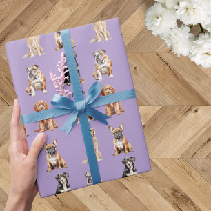 Papel De Regalo Elegante Cumpleaños de Perrito Morado Festivo