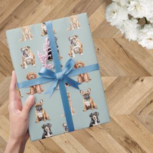 Papel De Regalo Elegante Cumpleaños de Perro Cachorro Azul Claro F