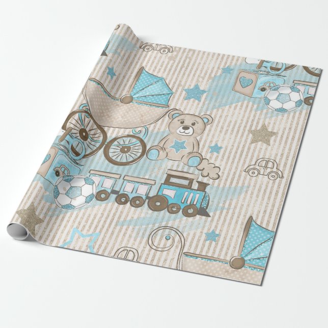 Papel De Regalo Elegante Cute Blue Ivory Stripes Juguetes Boy Duch (Desenrollado)
