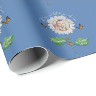 Papel De Regalo Elegante Daisy Blue Floral Cute Baby Photo & Name