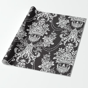 Papel De Regalo Elegante Damasco Blanco Negro