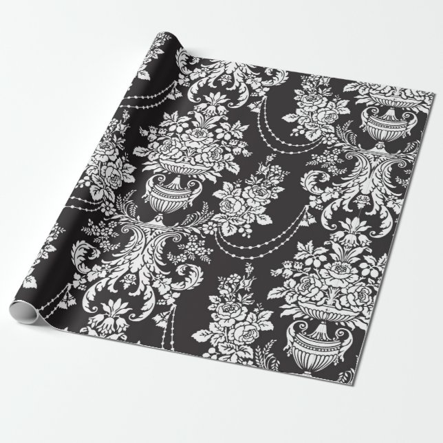Papel De Regalo Elegante Damasco Blanco Negro (Desenrollado)