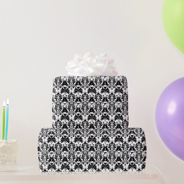 Papel De Regalo Elegante Damasco blanco y negro (Regalos de fiesta)