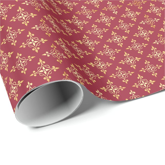 Papel De Regalo Elegante Damasco de Festividades de Quatre Rojo y  (Esquina del rollo)