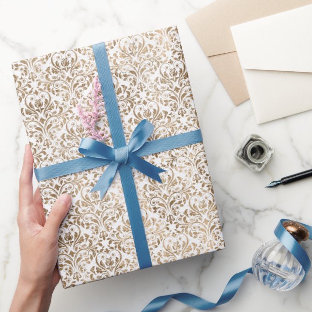 Papel De Regalo Elegante Damasco de Moda blanca dorada (Regalar)
