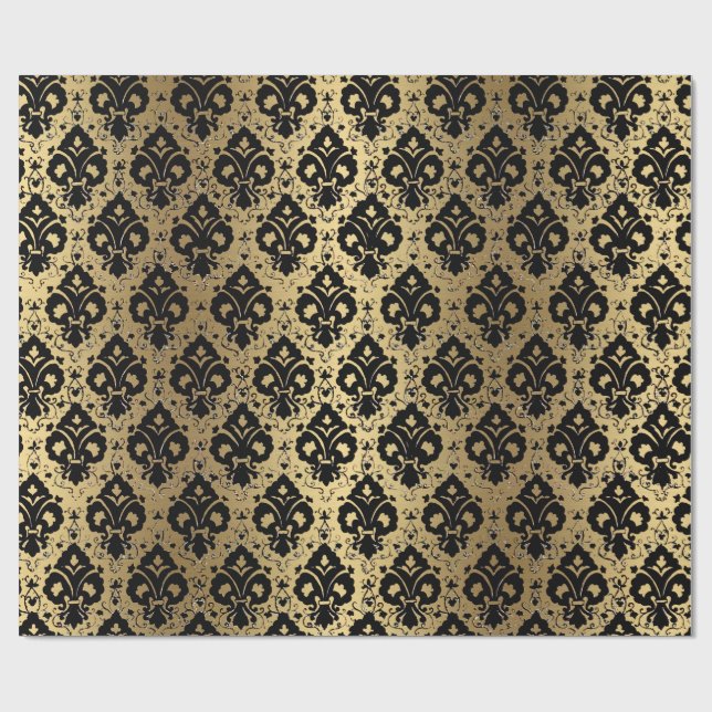 Papel De Regalo Elegante Damasco de oro negro de época (Superficie plana)