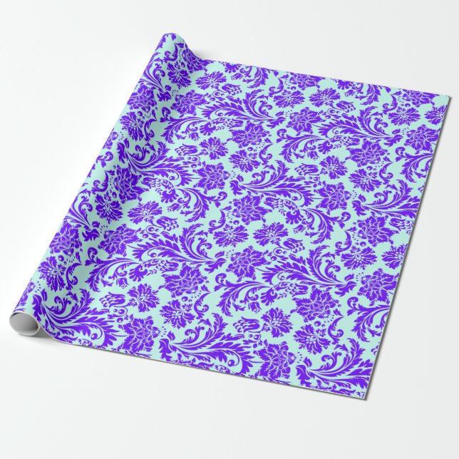 Papel De Regalo Elegante Damasco Floral Purple & Light Blue (Desenrollado)