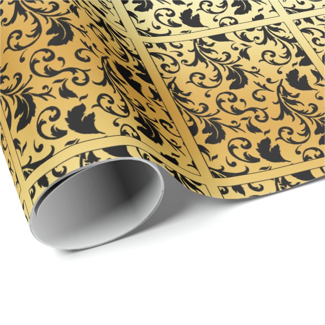 Papel De Regalo Elegante Damasco negro asombroso sobre el oro (Esquina del rollo)