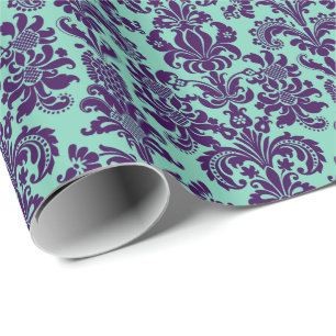 Papel De Regalo Elegante Damascos de flores moradas Verde azulado-