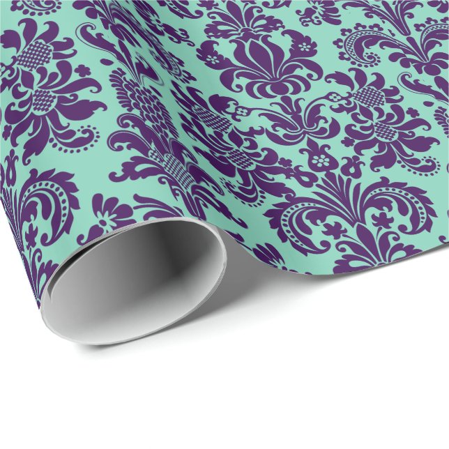 Papel De Regalo Elegante Damascos de flores moradas Verde azulado- (Esquina del rollo)