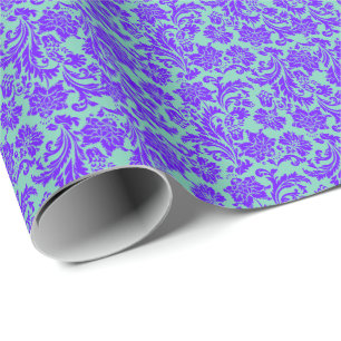 Papel De Regalo Elegante Damascos de flores moradas Verde azulado-